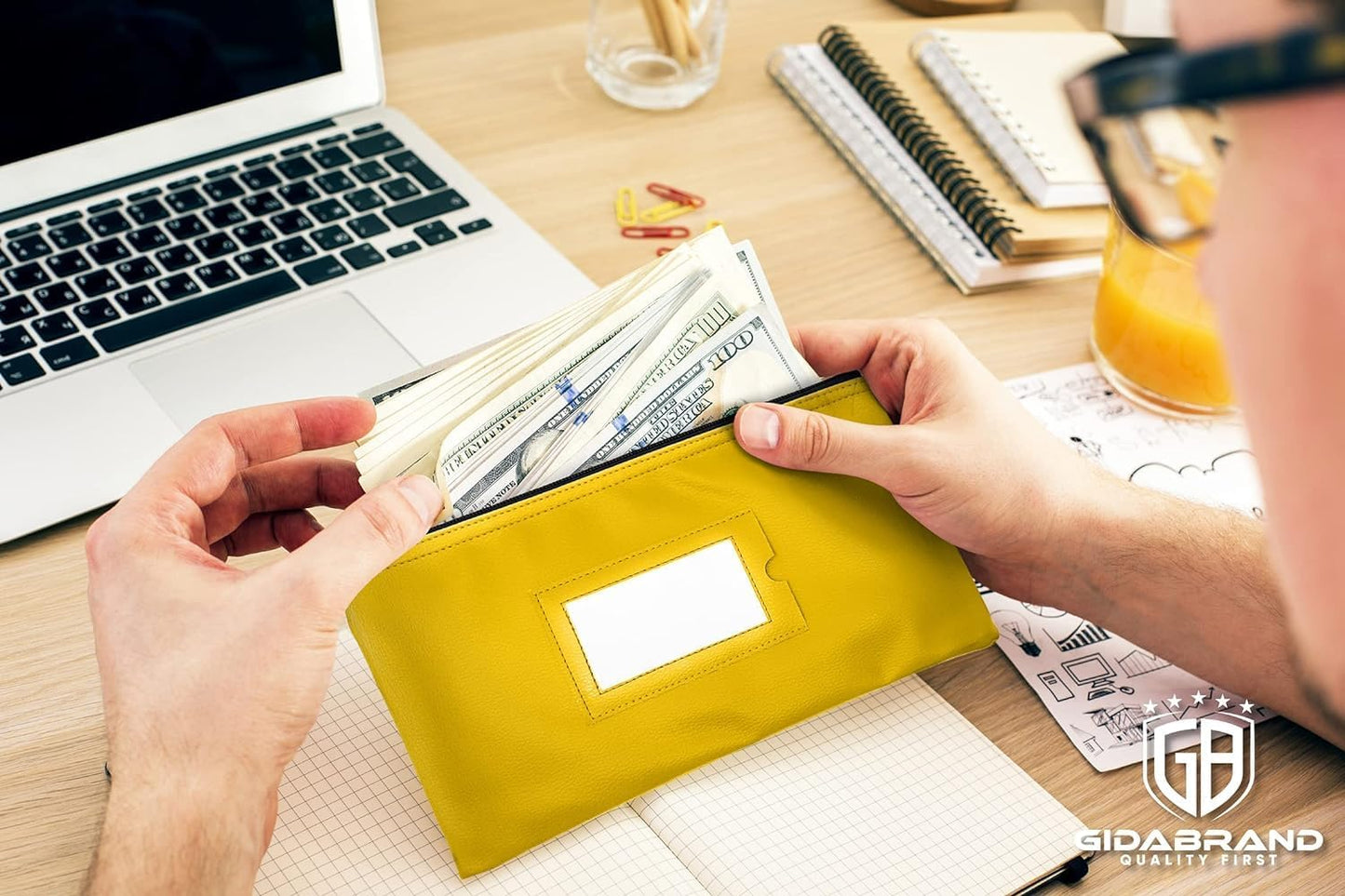 Money Bank Deposit Bag with Zipper | 11x6 inch | Yellow | Durable Leatherette Money Cash Coin Check Wallet Pouch for Men & Women with Framed ID Window and Blank Card (10)