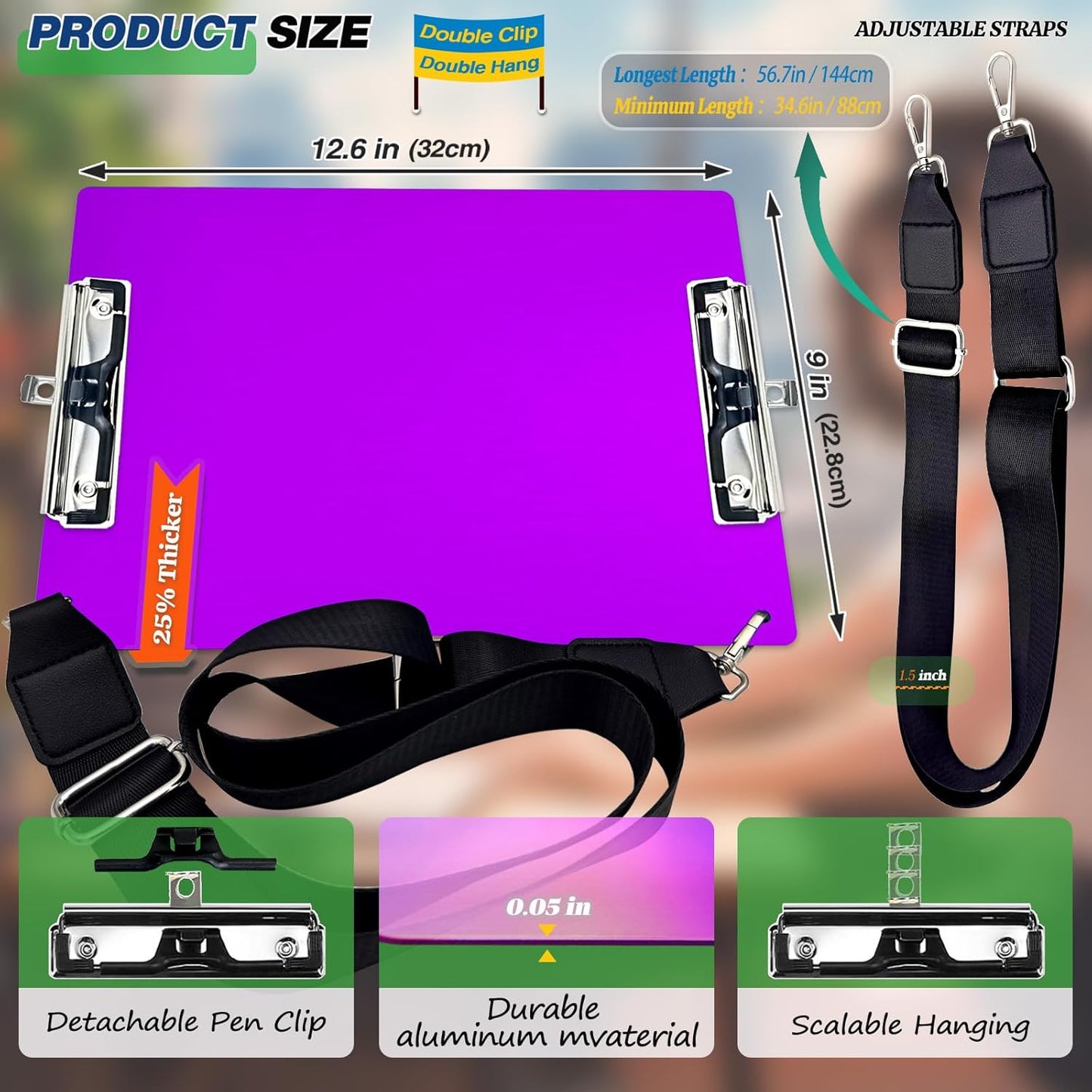 Aluminum Metal Clipboard with Detachable Adjustable Shoulder Strap A4 Double Clip Board Stainless Hangable w/Pen Holder Letter 9" x 12.6" for School Office Business Factory (Purple-with Strap, A4)