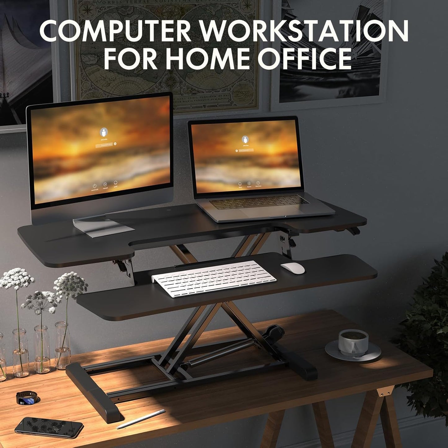 FLEXISPOT Standing Desk Converter 40in Sit to Stand up Desk Riser Height Adjustable Computer Workstation with Spacious 2-Tier Desktop Black