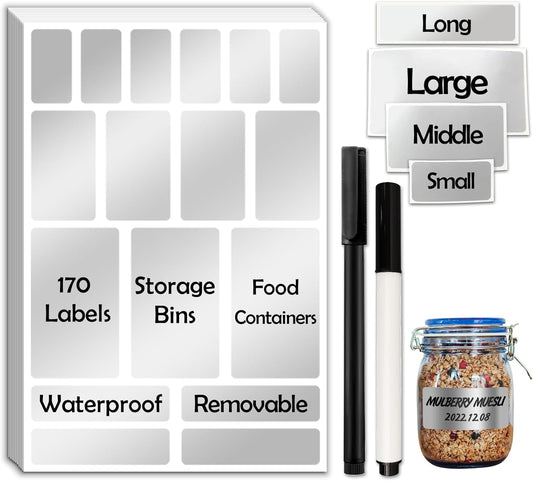 170Pcs Brightsilver Removable Labels for Jars,for Storage Bins,for Food Containers with 2 Liquid Chalk Marker(Brightsilver)