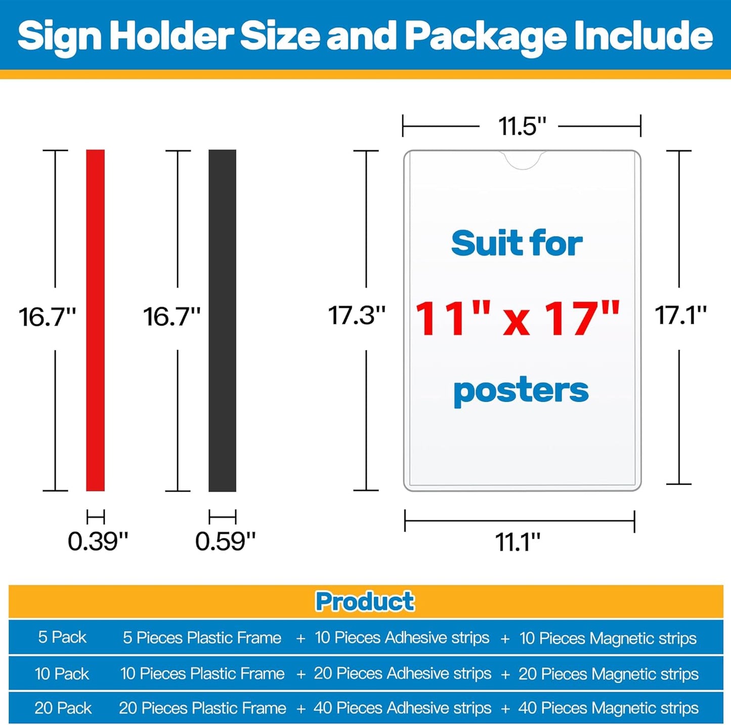 Magnetic Sign Holder 11 x 17, 20 Pack Rigid Magnetic Paper Holder Poster Display Frame, Clear Plastic Document Protectors with Magnet & Adhesive, Adhesive Frame for Wall Door Fridge Window