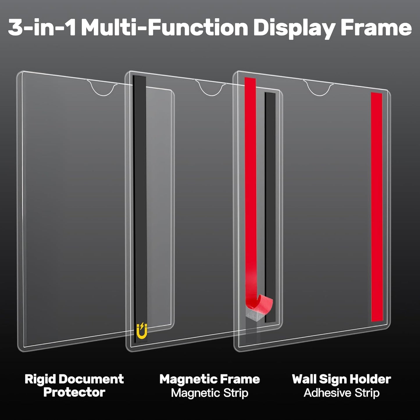 Magnetic Frames 11 x 17 Sign Holder Wall Mount 10 Pack, Rigid Clear Plastic Sign Holder with Magnet & Adhesive, Door Paper Holder for Refrigerator, Locker, Metal, Whiteboards, Windows