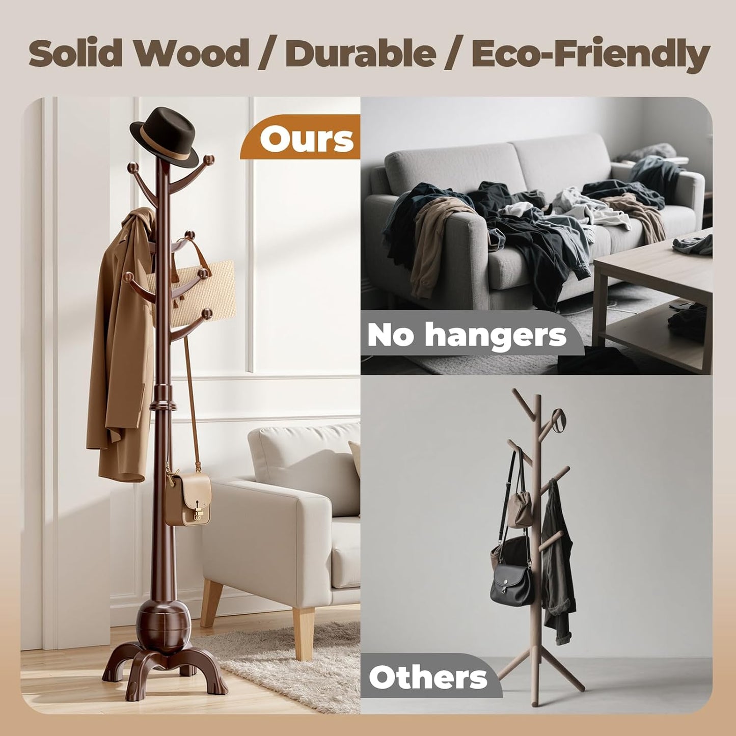 Wood Coat Rack Freestanding, Solid Wooden Hall Tree with 8 Hooks, Coat Tree Freestanding Heavy Duty with Stable Base, Entryway Hallway Bedroom Office Use, 240lbs Load Capacity H:71.6in (Black)