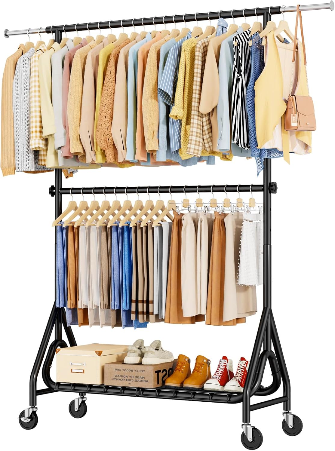 Double Rods Clothing Rack, Heavy Duty Clothes Rack for Hanging Clothes Load 560LBS, Metal Rolling Garment Racks with Wheels, Freestanding Clothes Hanging Racks, Black