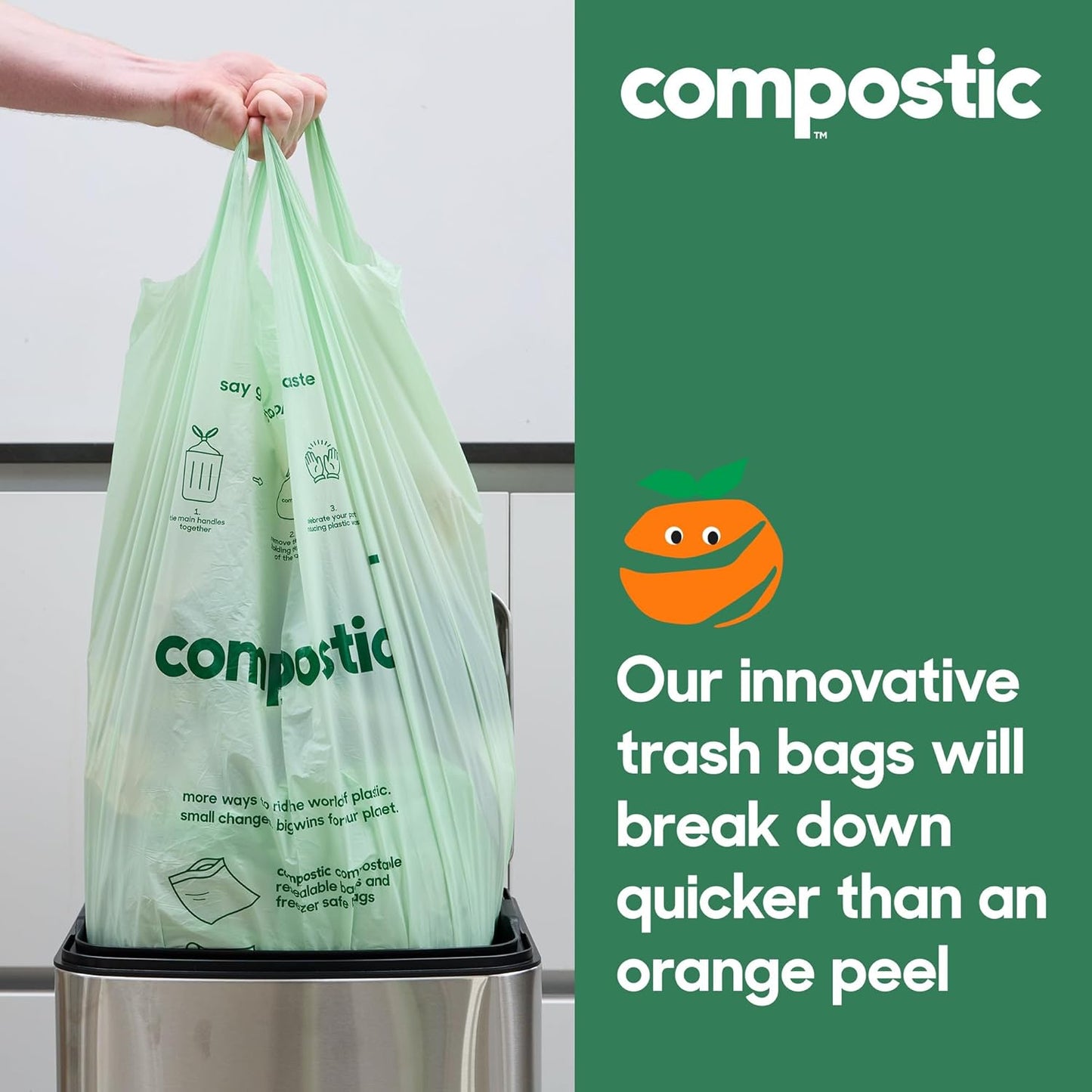 Home Compostable Trash Bags, 3 Gallon Small Kitchen Rubbish Bags (17” x 17.7”), Extra Strong & Quickly Breaks Down, 100 Count
