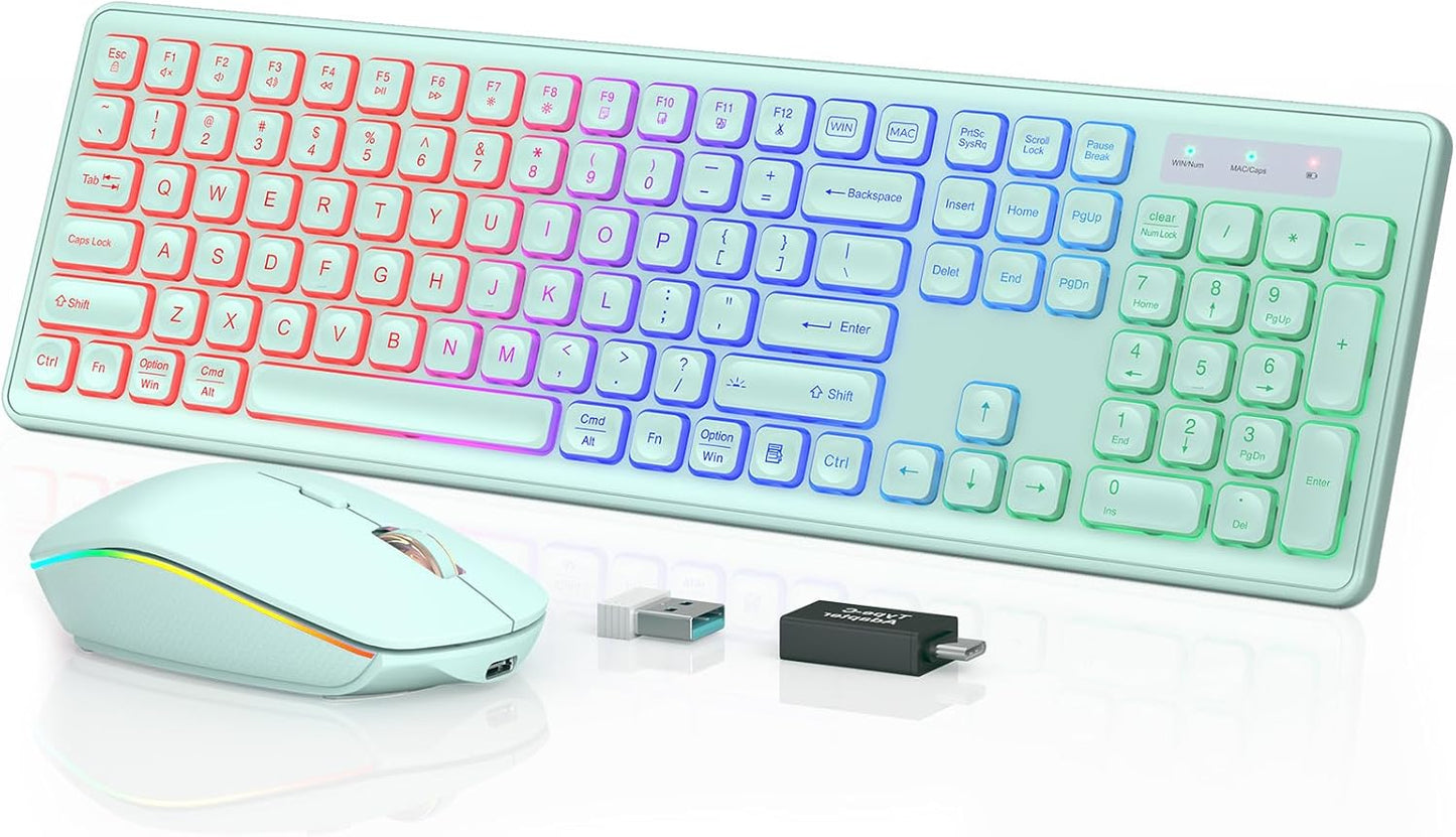 Wireless Keyboard and Mouse Combo - RGB Backlit, Rechargeable & Light Up Letters, Full-Size, Ergonomic Tilt Angle, Sleep Mode, 2.4GHz Quiet Keyboard Mouse for Mac, Windows, Laptop, PC, Mint Green