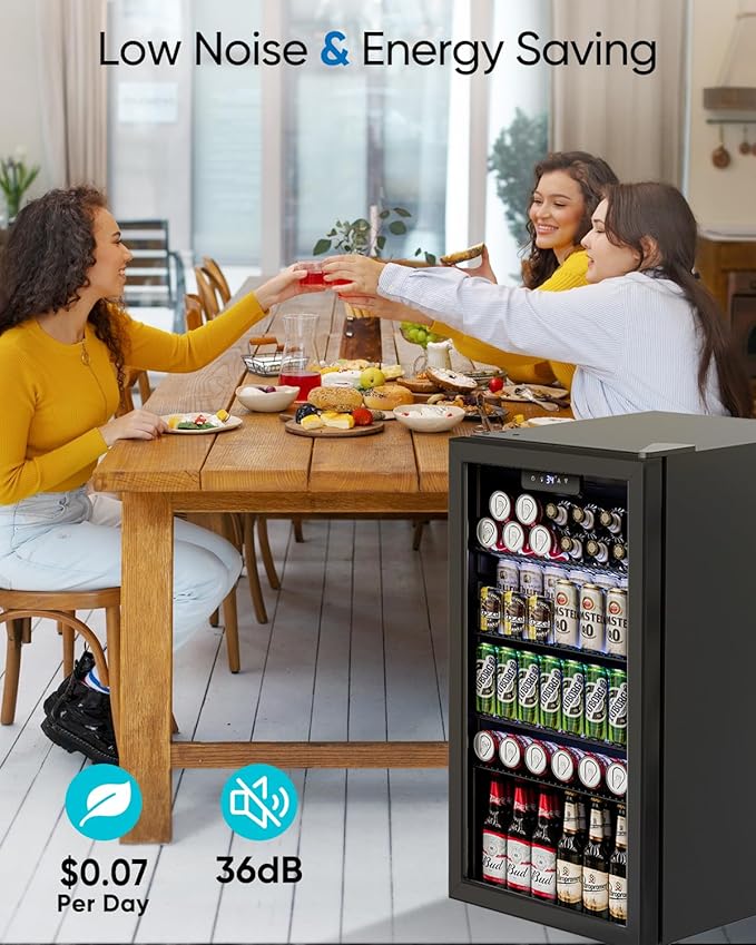 Beverage Refrigerator and Cooler - 126 Can Mini Fridge Glass Door for Soda Beer Wine - Freestanding Beverage Fridge for Bedroom Office Bar, 4 Adjustable Shelves, 3.2 Cu.Ft, Black