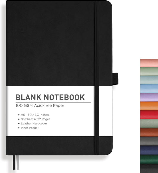 RETTACY Blank Journal Notebook, 192 Pages, A5 Medium Size (5.7'' x 8.3''), Leather Hardcover, 100 GSM Thick Paper, for Sketching, Drawing, Painting (Black)