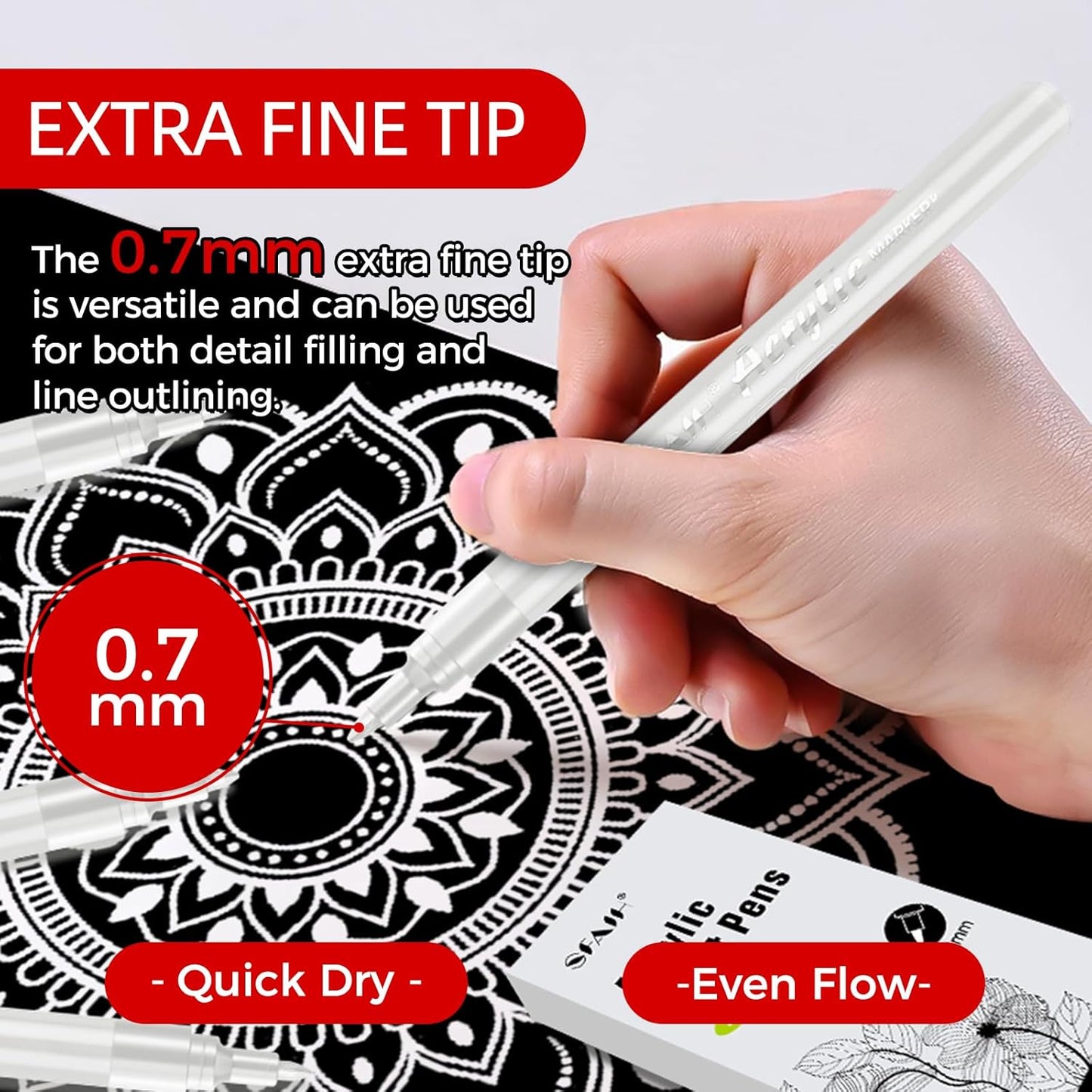 SFAIH White Paint Markers Pens - 4 Pack 0.7MM Fine Tip Acrylic White Permanent Markers for Adding Highlights on Rocks, Black Paper Sketching, DIY Canvas Art Details