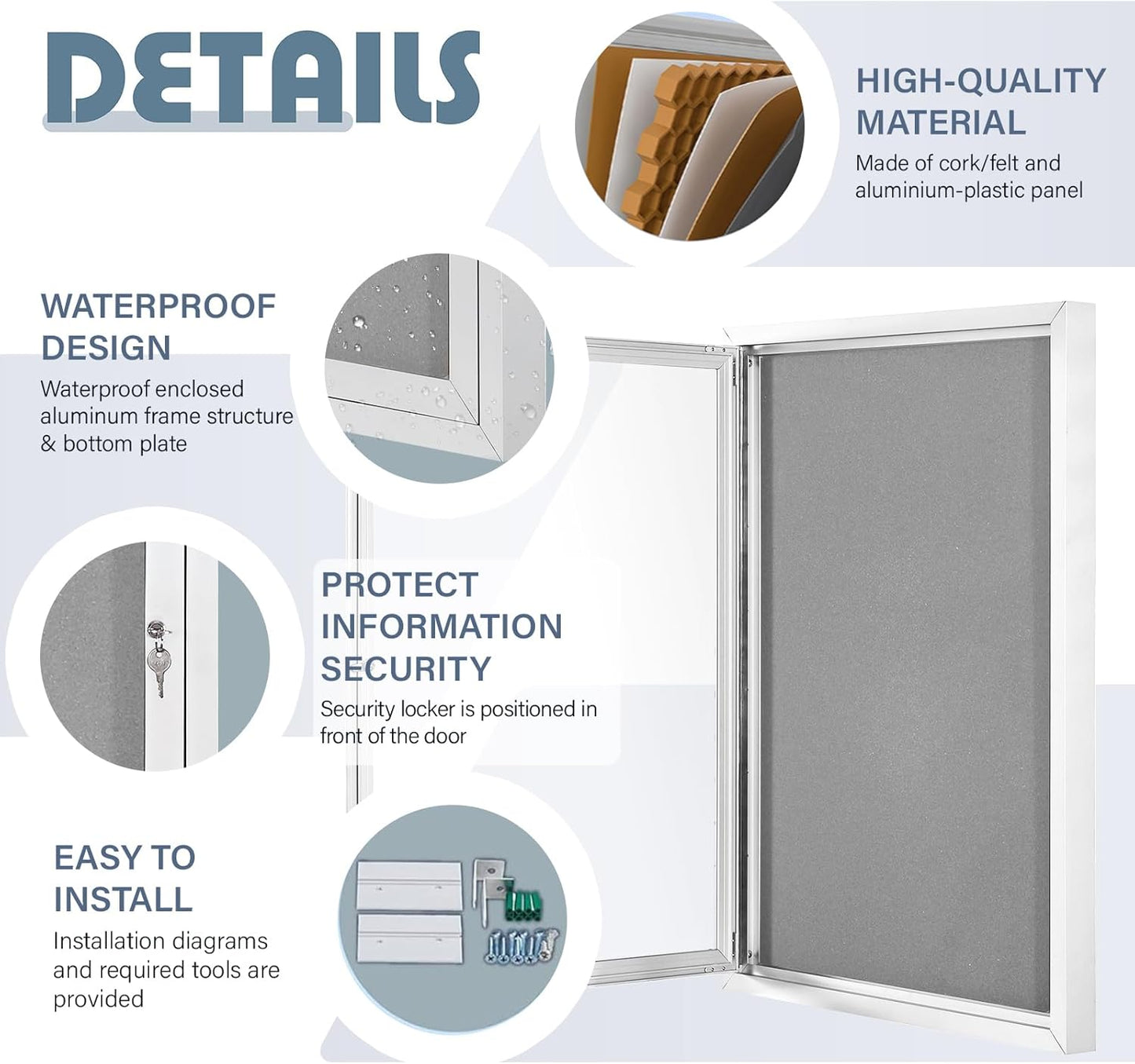 Outdoor Bulletin Board Weatherproof 36x24 in,Enclosed Bulletin Board with Locking Door, Wall Display Case for Office School Home Commercial, Silver Aluminum Frame, Gery Felt