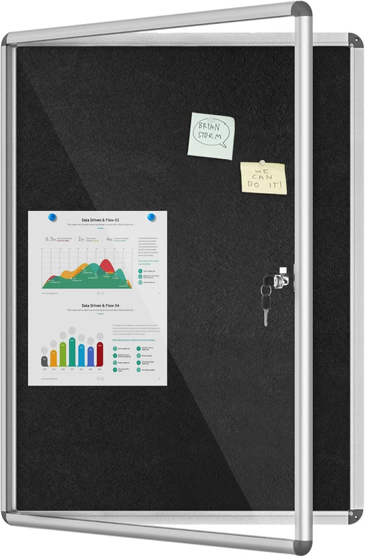 38"x28" Enclosed Bulletin Board, Lockable Weather-Resistant Aluminum Cork Noticeboard for School & Office, Silver Frame w/Black Flet