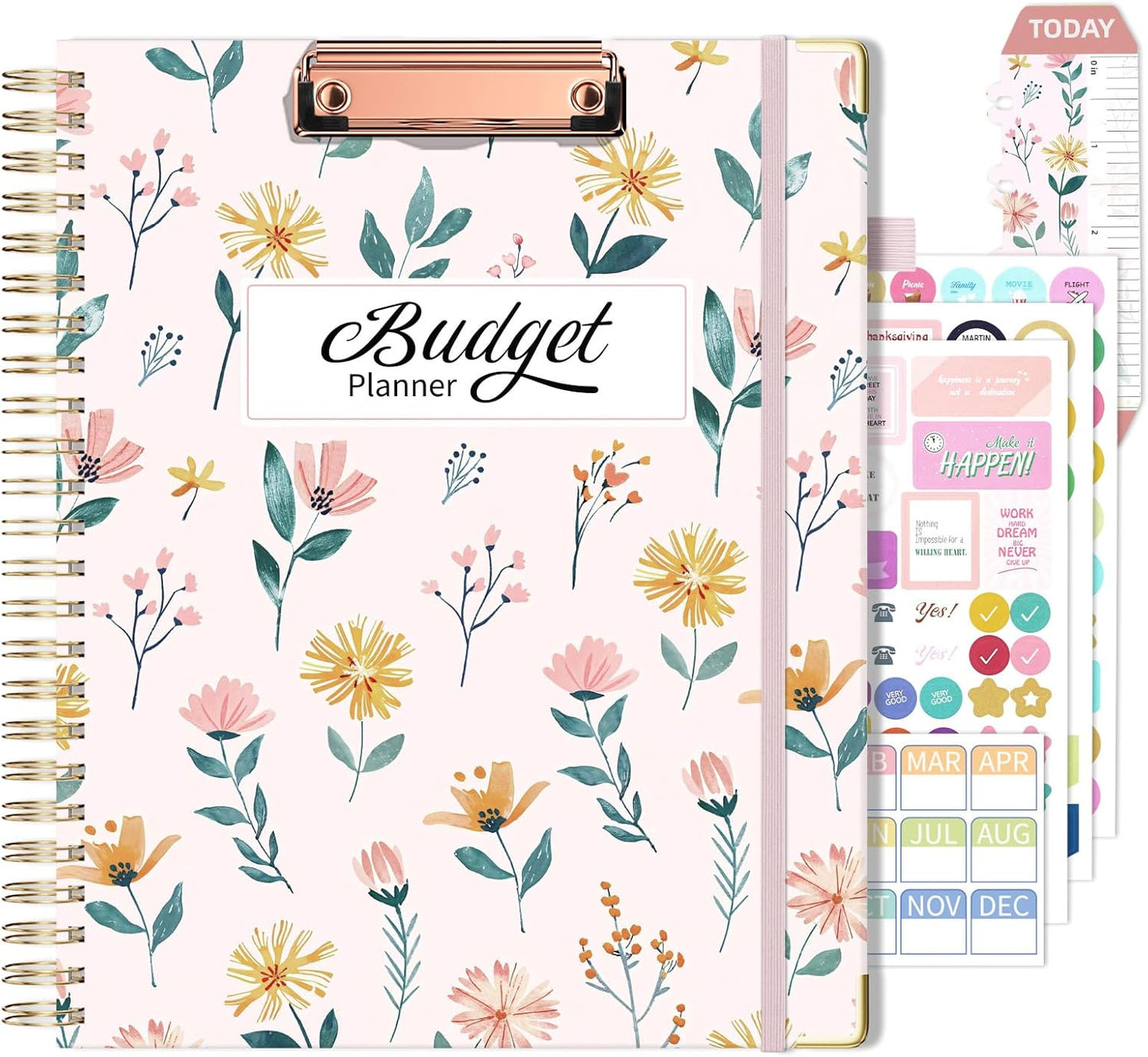 Ospelelf Budget Book Planner 8.5"x11" Large Size Undated Monthly Bill Payment Tracker Organizer Account Financial Planners with Clipboard Pockets Stickers 12 Months Productivity Aesthetic Pink Flowers