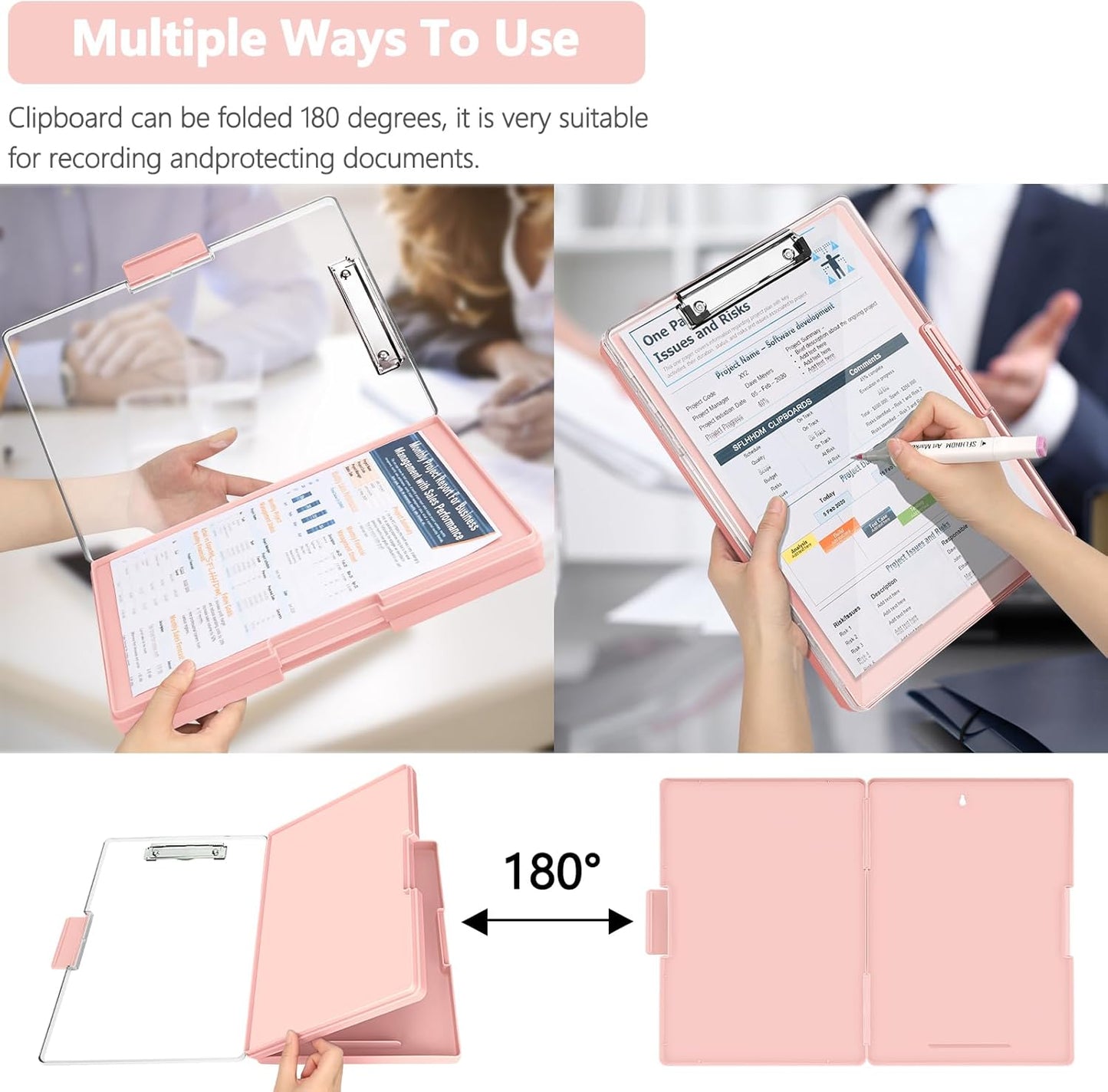 Clipboard with Storage,Heavy Duty Clip Boards 8.5x11 with 2 Storage Case,Clear Visible Top Panel Storage Clipboards,Side Opening Clip Boards,Nursing Clipboard Folder Case for Office Supplies-Pale Pink