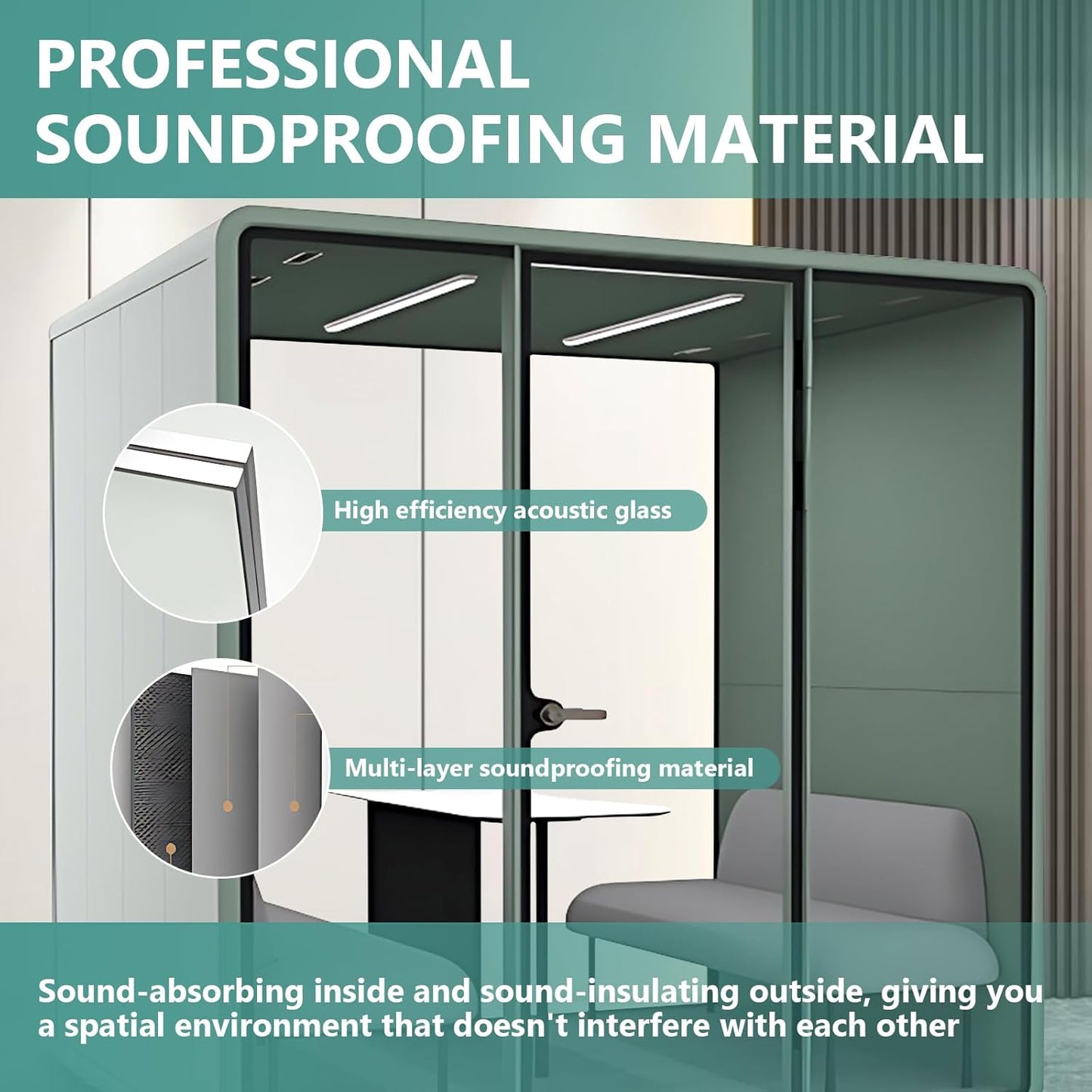 Office Sound Booth with Audio Privacy - Soundproof Recording Booth Includes Green Frame with Curved Corners,Soundproof Room with Light,Steel Plate Structure for Negotiation (90.55IN×70.27IN)