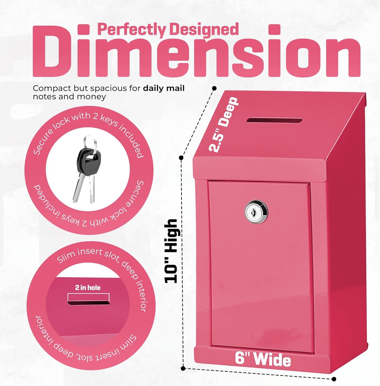 Metal Donation Box-Suggestion Box with Slot and lock-Cash Lock box for Money-Secure Drop Box-Comment and ballot voting box-comes with pre-drilled holes for easy wall mounting 10 X 6 X 2.5"(Pink)
