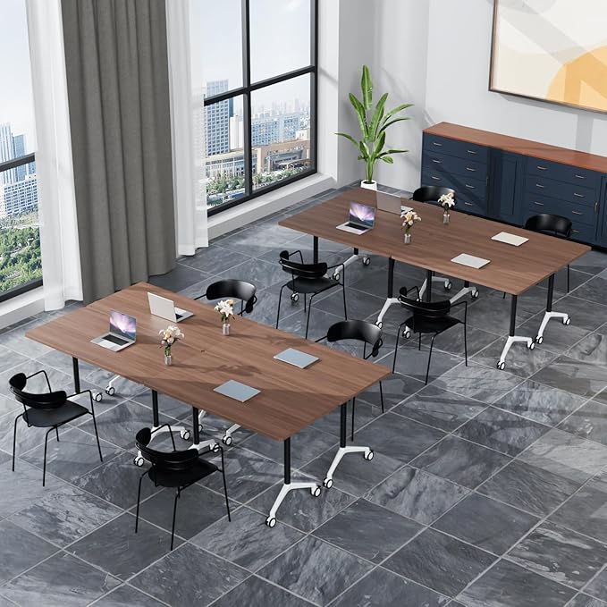 Folding Conference Table, Modern Large Conference Room Tables with Flip-Top Design, Foldable Conference Table Meeting Table with Wheels, Mobile Seminar Training Tables for Office Classroom (6, Brown)