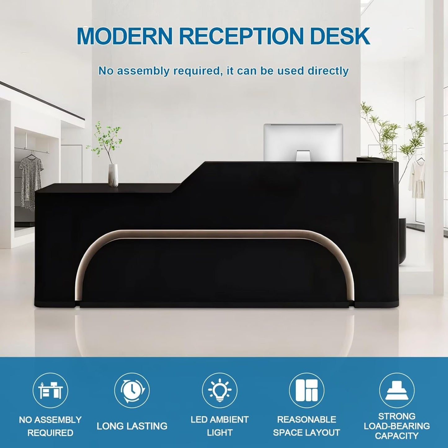 Reception Desk with Counter Modern Front Office Desk Large Reception Room Tables Checkout Counter Reception Table for Retail Lobby Beauty Salons E 94inch/240cm