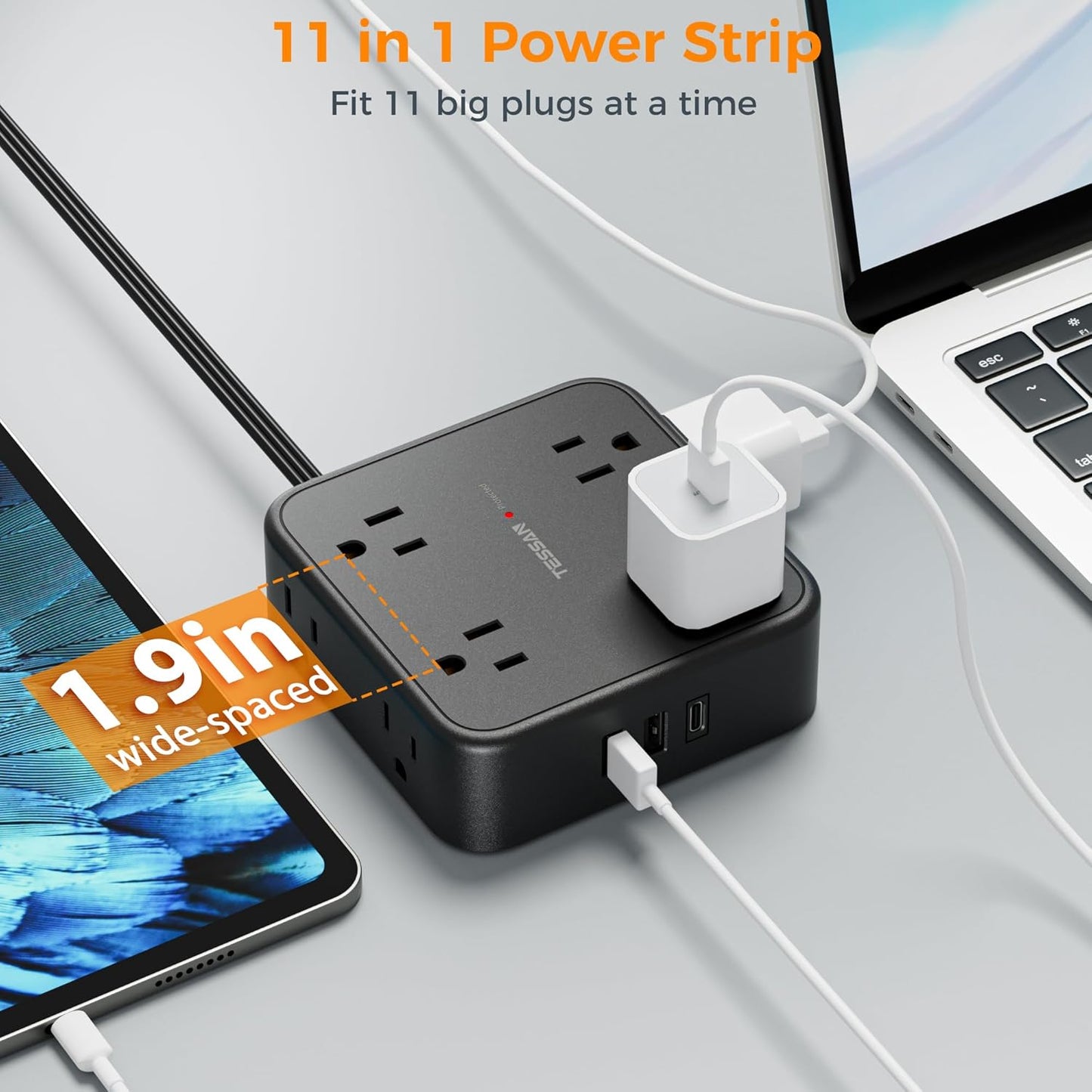 Long Extension Cord 25 FT, TESSAN Ultra Thin Flat Plug Power Strip Surge Protector with 8 AC Outlets, 3 USB Charger(1 USB C), 900J Protection Black Charging Station for Home, Office, Dorm Essentials