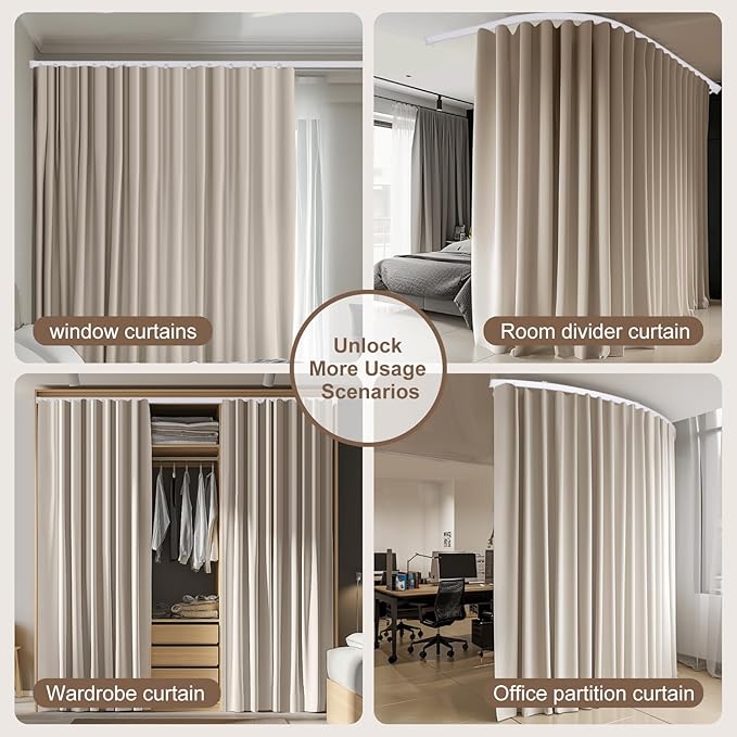 Room Divider Curtains & Flexible Bendable Tracks Set,Privacy Dividers Ceiling Track Curtain Window Blackout Curtains for Living Room Bedroom (W100 × H96 in 1 Panel Beige Drape & White Rail)