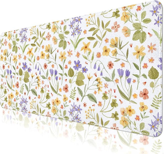 Botanical Floral Desk Pad Blotter,Large Mouse Pad 35 x 17in,PU Leather Desk Mat Writing Pad Protector, Non-Slip Waterprrof,Desktop Decor for Home Office & Gamers Women Girls (Pressed Flower Art)