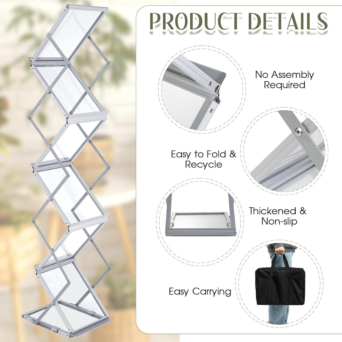 Tatuo Foldable Magazine Rack Metal Catalog Literature Rack Portable 6 Pockets with Carrying Bag Aluminum Brochure Stand Display Holder Stand for Exhibition Trade Show Office Retail Store