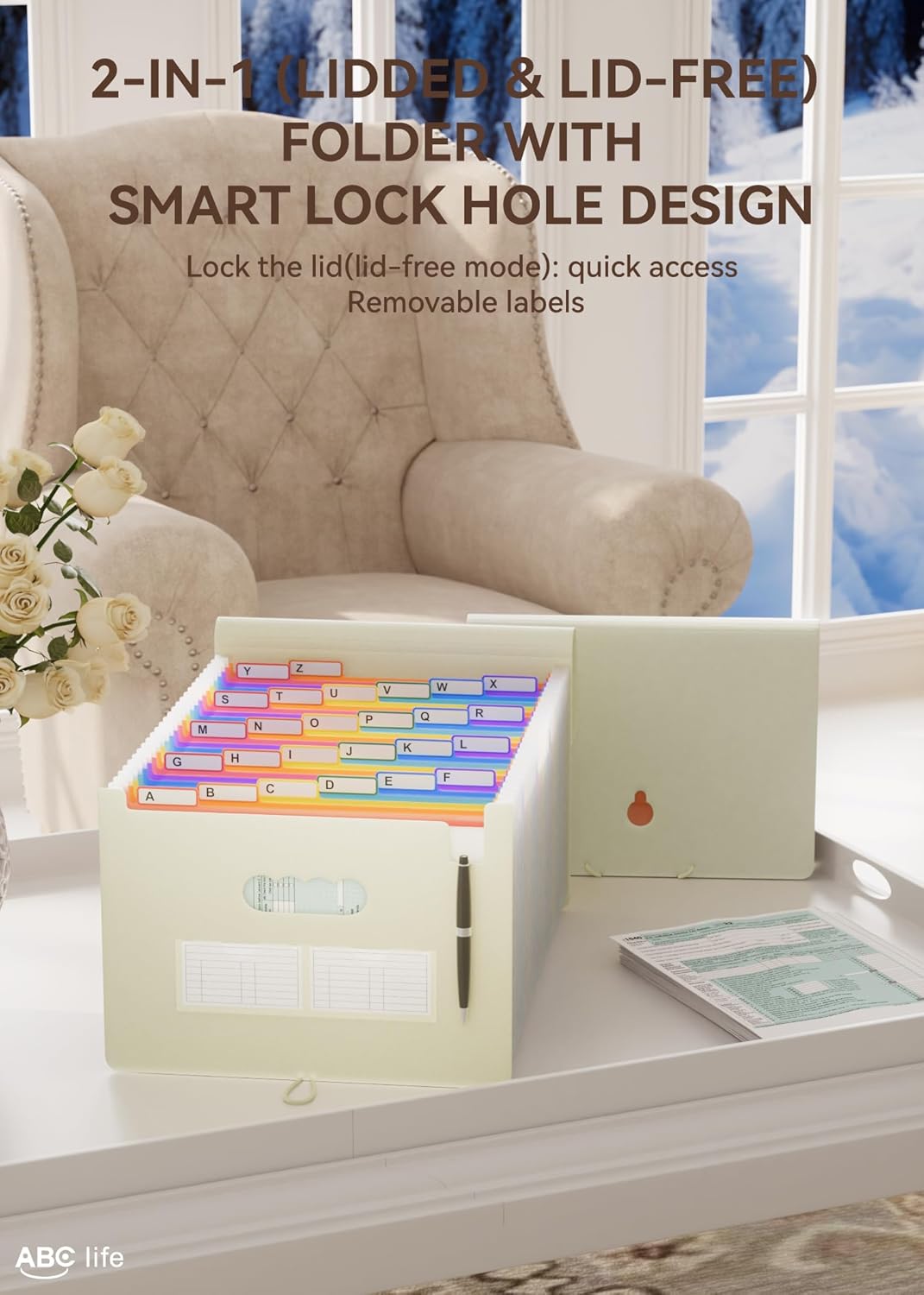 ABC life 26 Pockets Accordion File Organizer, Expanding File Folder, Portable Monthly Paper Bill Tax Receipt Organizer, Letter A4 Size Document Organizer with Blank Labels - Beige Color