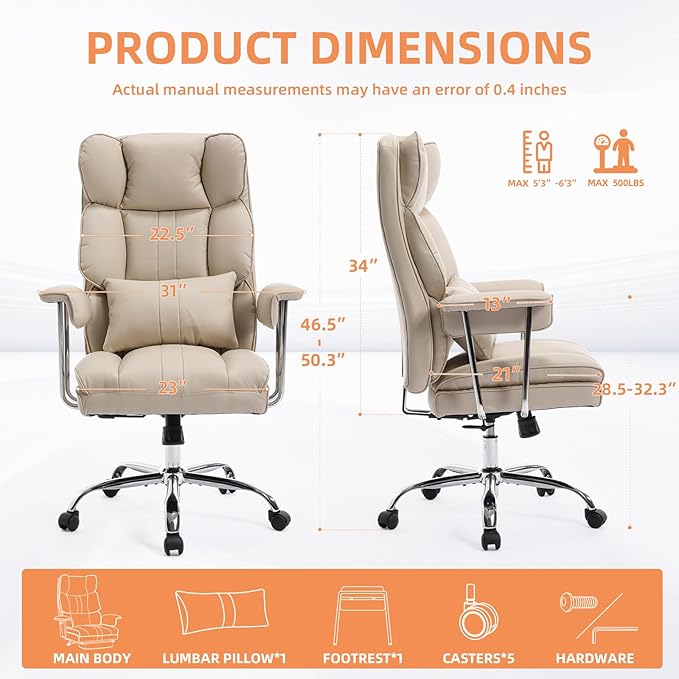 Big and Tall Office Chair 500lbs Wide Seat Executive Office Desk Chair High-Back Office Task Chair, Ergonomic Lumbar Support Computer Office Chairs for Heavy People(Beige)