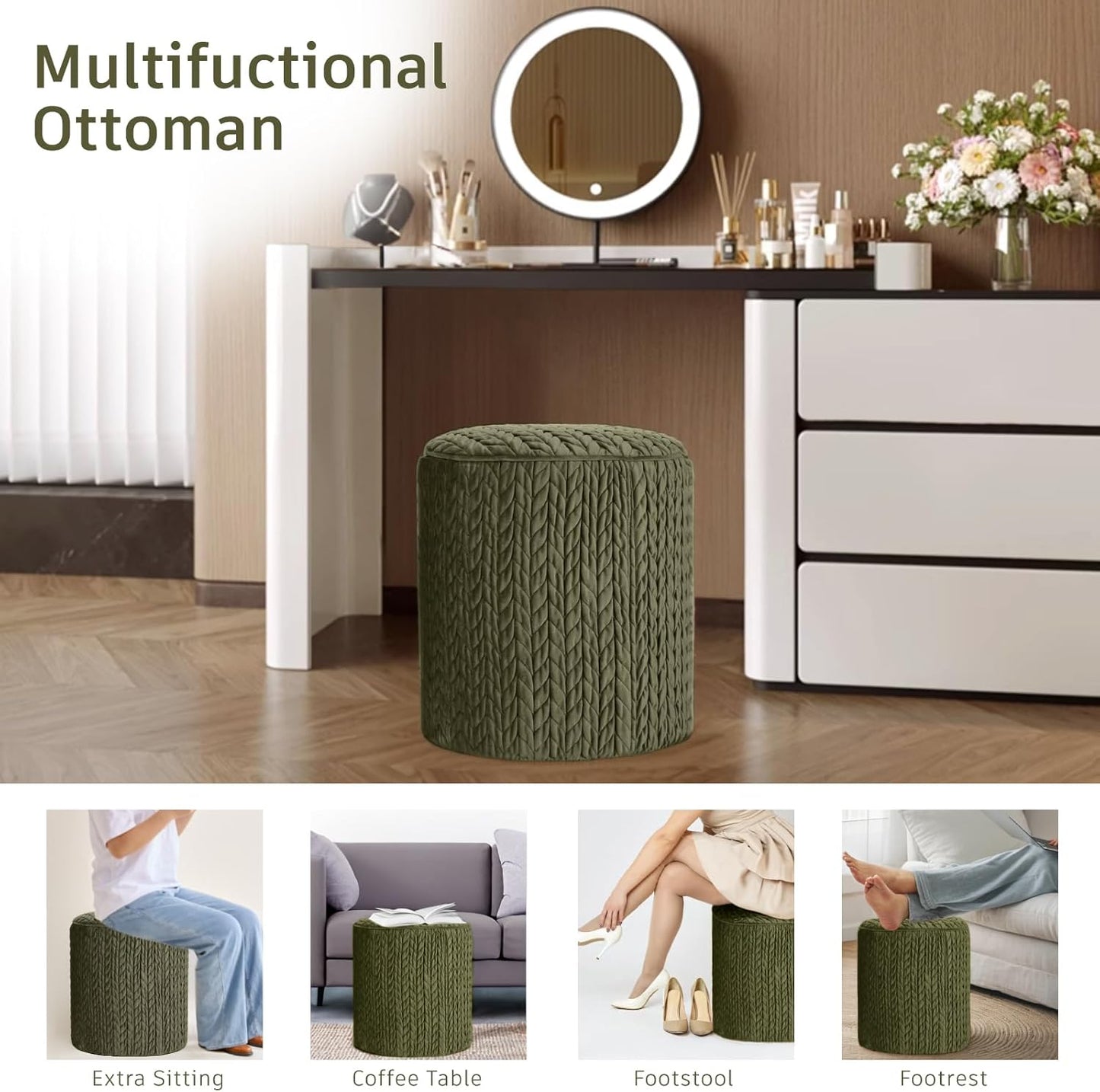Modern Round Ottoman 2Pcs, Braided-Tufted Foot Stool Ottoman, Velvet Upholstered Vanity Stool for Makeup, Bedroom, Living Room, Dark Green