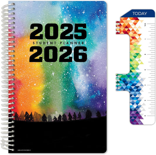 Global Datebooks Dated Middle School or High School Student Planner for Academic Year 2025-2026 Includes Ruler/Bookmark and Planning Stickers (Matrix Style - 5.5"x8.5" - Rainbow Silhouette)