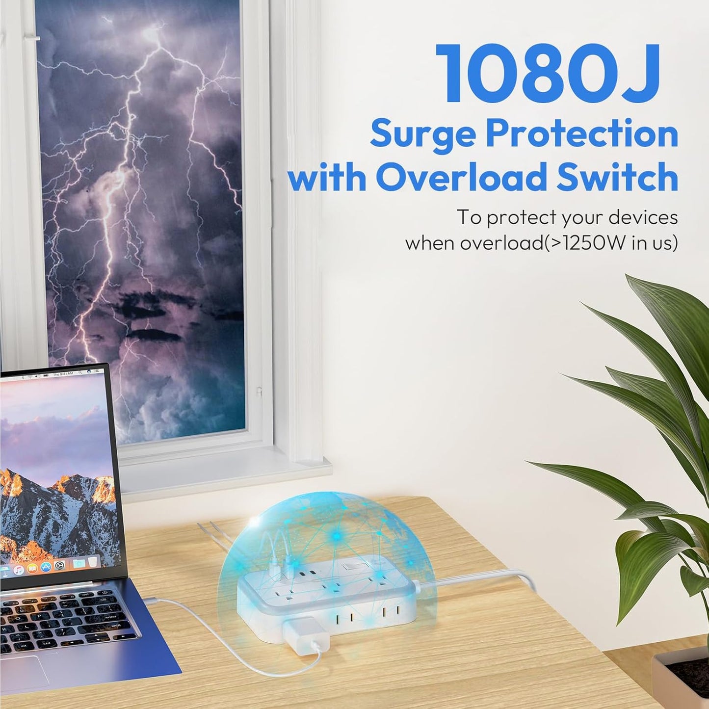 NTONPOWER Surge Protector Power Strip with 6 Outlets 4 USB Charging Station(2 USB C Port), 5 Ft Flat Plug Extension Cord, Outlet Extender for Indoor, Home, Office Supplies, Dorm Room Essentials