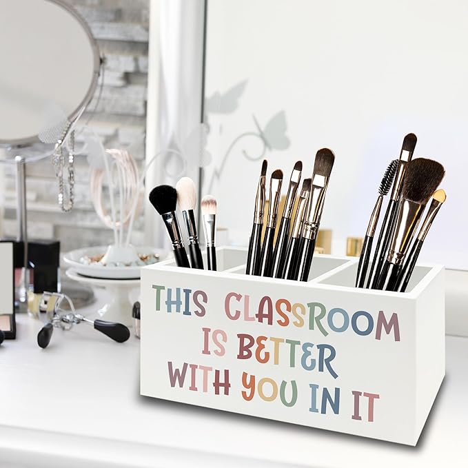 Boho Classroom Pen Pencil Holder Organizer for Desk, Inspirational Gifts, This Classroom is Better with You In It Wooden Box Sign for Home Office Desk Tabletop Decorations