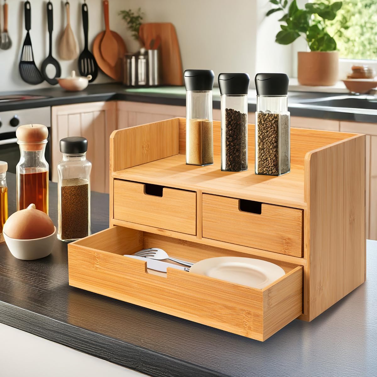 Bamboo Desk Organizer With 3 Drawers Desktop Organizer Modren Table Storage Organizer For Office Home Toiletries Supplies Vanity Kitchen, No Assembly Required, Odorless