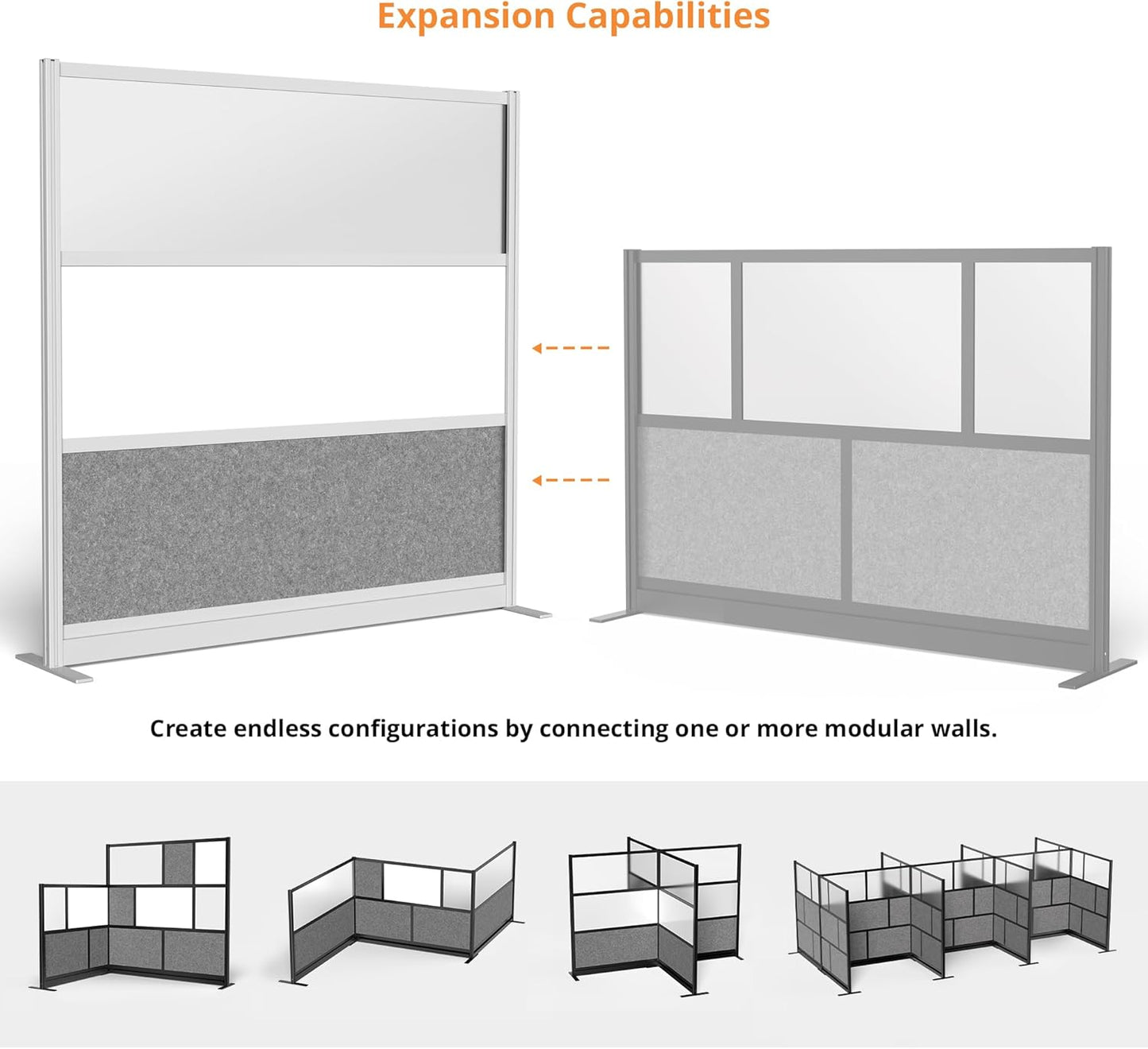 Stand Up Desk Store Workflow Modular Wall | 70'' x 70'' Wall | Expandable Partition Room Divider with Rearrangeable Frosted Acrylic, Sound Absorbent and Whiteboard Wide Panels (Black Frame)