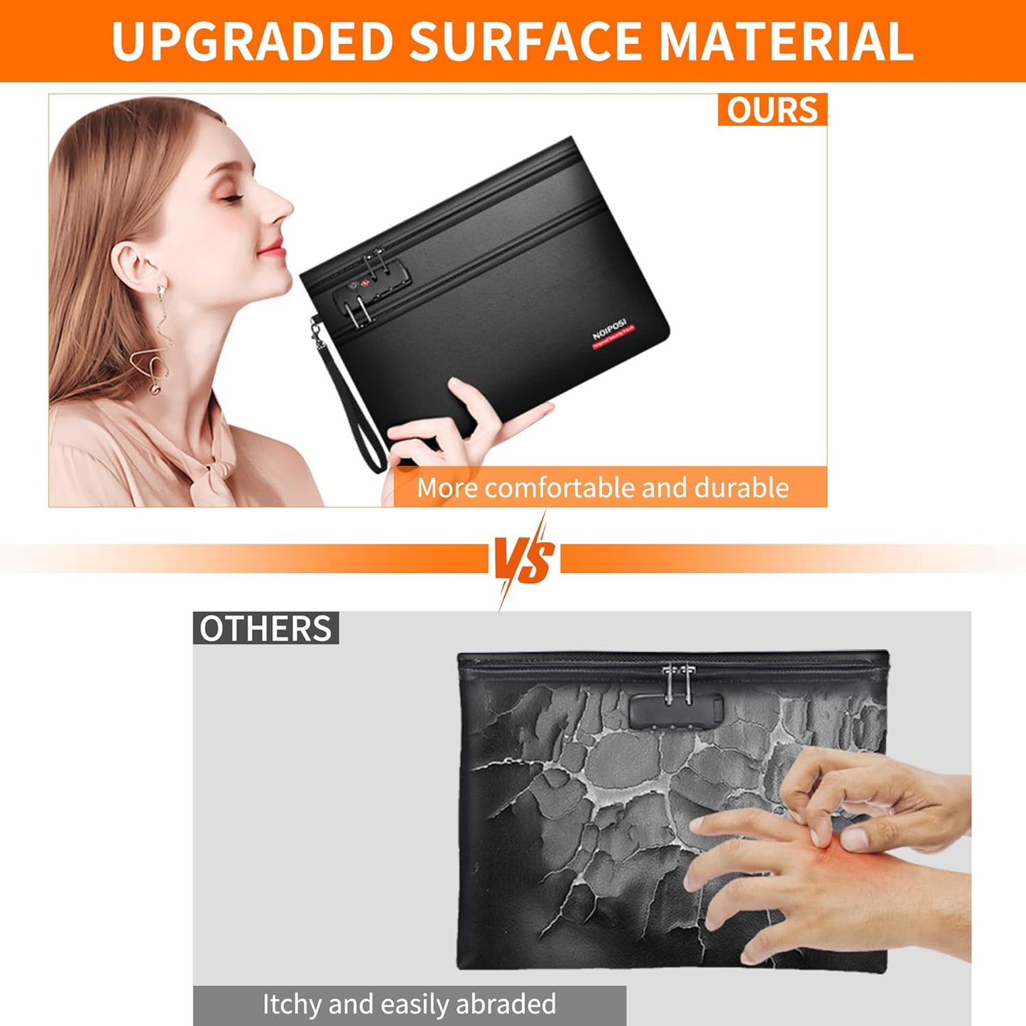 Noiposi 6400℉ Fireproof Document Bag with Lock,Dual-Zip Compartments Fireproof Money Bag for Cash and Documents,12 Layers Heat Insulated Fireproof Bag with Zipper,Protects Important Papers,Valuables