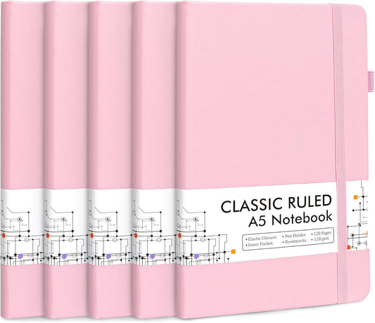 feela 5 Pack Notebooks Journals Bulk, Hardcover Notebook Classic Ruled Lined Journals with Pen Holder for Women Girls School Business Supplies, with 5 Black Pens, 120 GSM, 5.1”x8.3”, A5, Rose Pink
