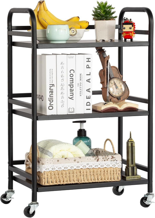 HDANI 3 Tier Rolling Cart Shelves,Heavy Duty Multifunctional Metal Frame-Supports 22 Lbs Per Tier,Rolling Cart with 2 Lockable Wheels for Home,Office,Kitchen,Bathroom,Bedroom (Black)…