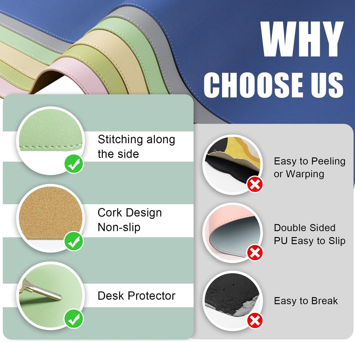 Large Desk Pad 35.4" x 17", Non-Slip Desk Mat with PU Leather & Natural Cork, Waterproof Writing Desk Natural Cork, Computer Mat Desk Protector for Office Home, Light Green