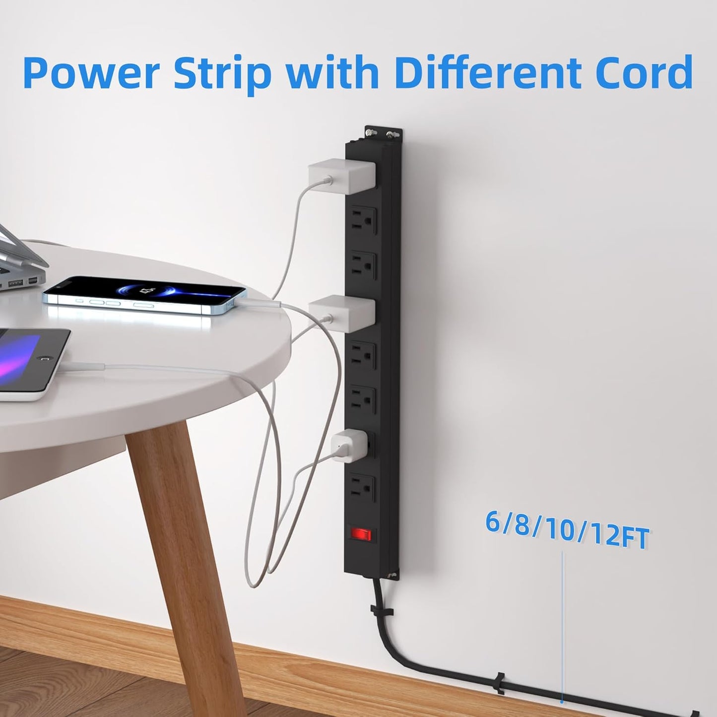 8 Outlets Heavy Duty Power Strip with 8 Ft UL 14AWG Power Cord Straight Plug and Switch,Wide Spaced Shop Power Strip Metal for Commercial,Industrial,School and Home,15A 125V 1875W,Black(8FT)