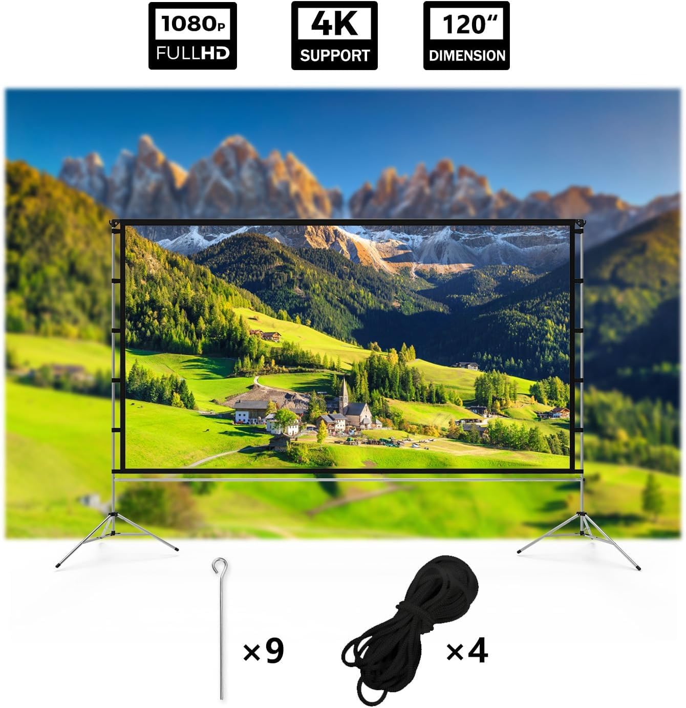Projector Screen Outdoor, Vamvo Portable Projectors Screen with Aluminum Alloy Stand 120" Foldable Screens, 10 Feet Indoor Movie Screens with Carrying Bag for Home Theater Backyard Movie Night