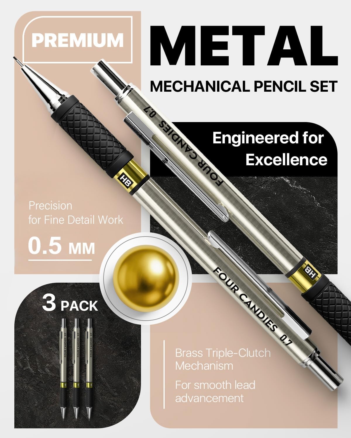 Four Candies Metal Mechanical Pencil Set - 3PCS 0.5mm Art Mechanical Pencils & 360PCS HB Lead Refills & 3PCS Erasers & 9PCS Eraser Refills, Drawing Mechanical Pencils for Writing, Sketching -With Case
