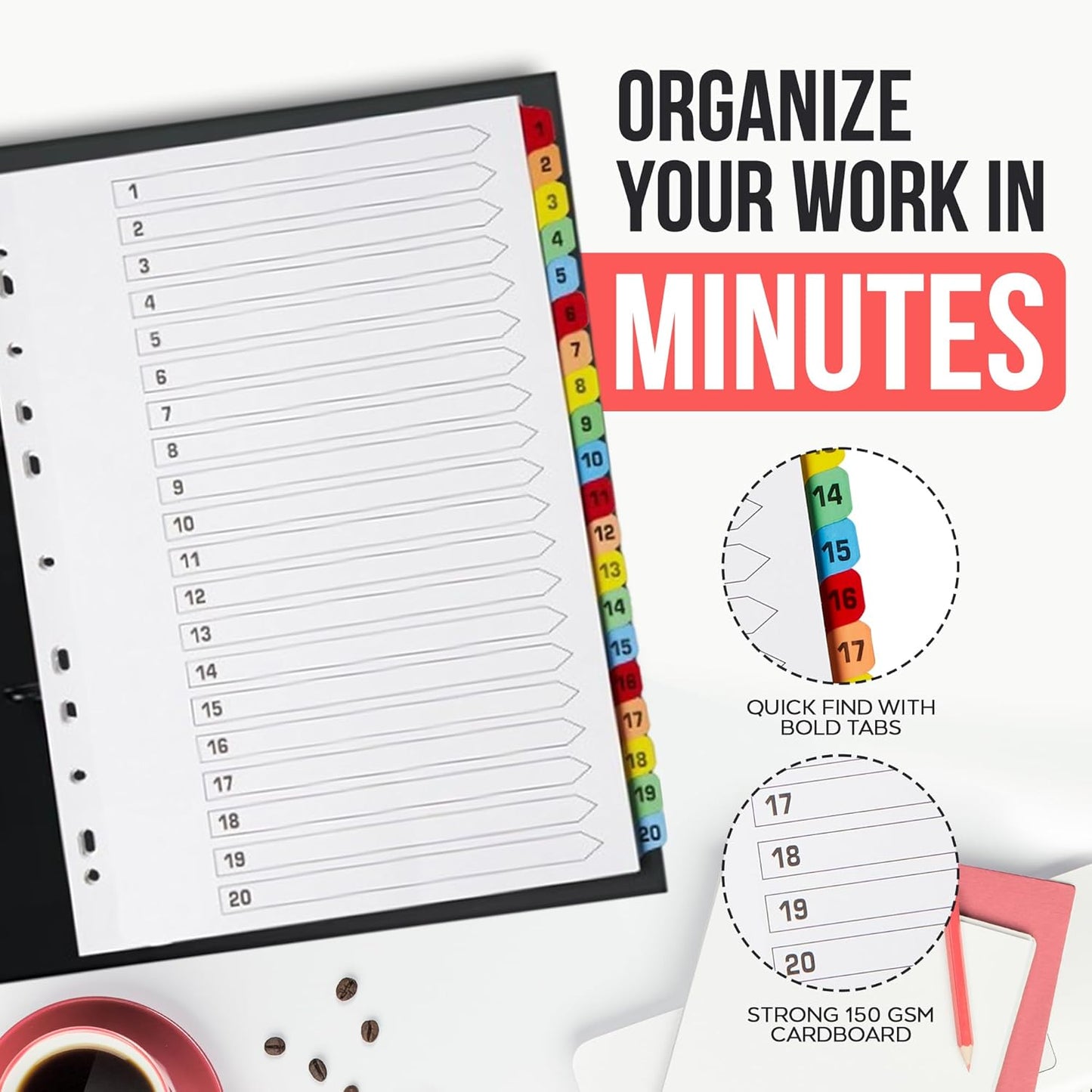 Binder Dividers with Tabs 1-20 Numbered – A4 (10 Pack) | Dividers for 3 Ring Binder | Numbered Tab Dividers for Office, School & Home Organization - The Paper Shop
