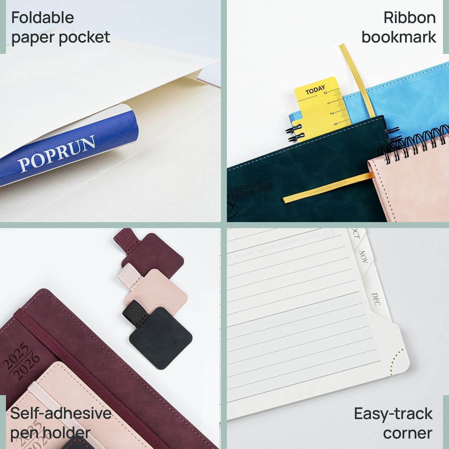 POPRUN Planner 2025-2026 Weekly Notebook for Purse(Pocket Size 4''x 6.25'') Small Academic Calendar (JUL.25 - JUN.26) with Monthly Tabs, Leather Soft Cover, Inner Pocket, 100 GSM - Pink