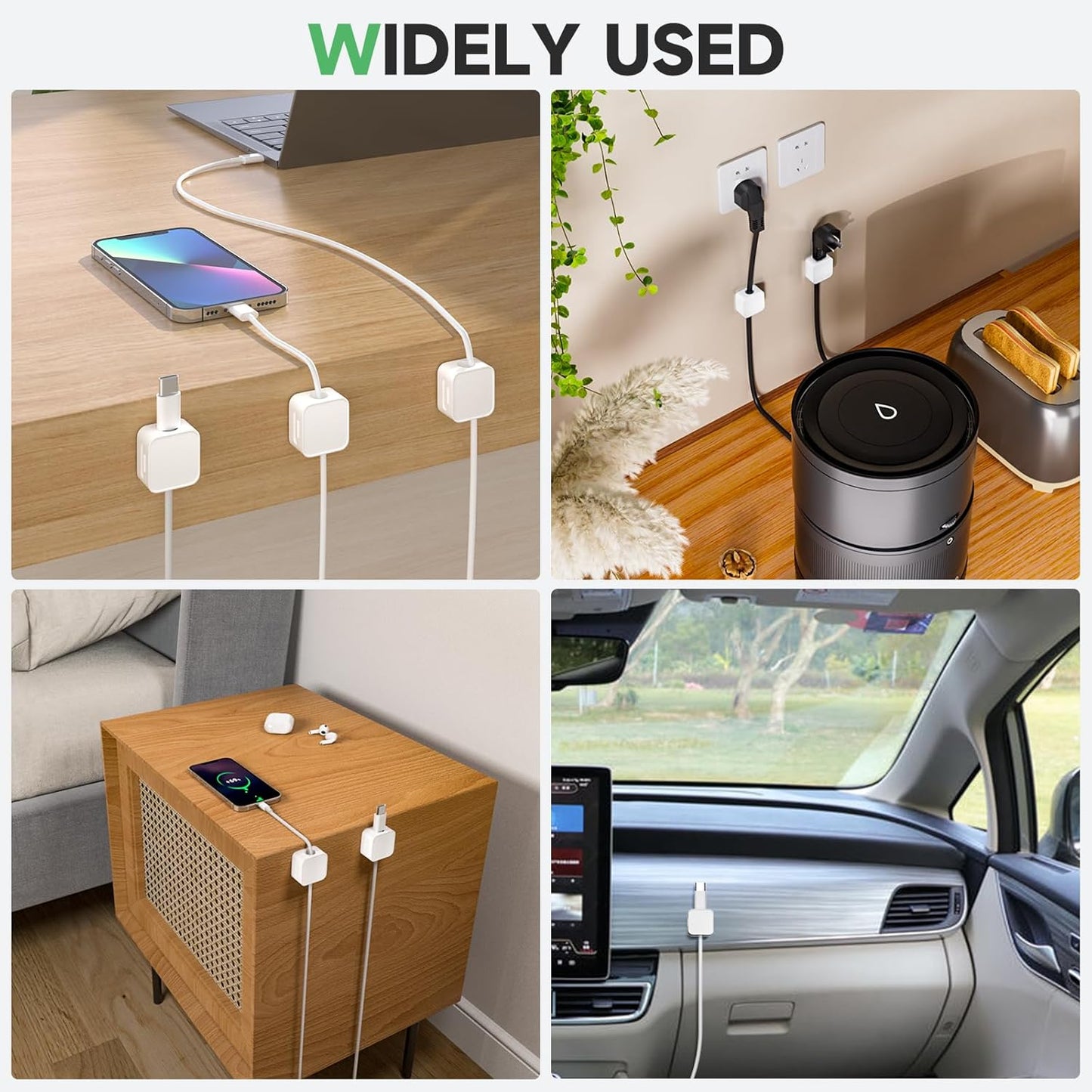 6 White Magnetic Cable Clips,Under Desk Cable Management,Cord Holder for Nightstand Home Office Car Phone Wall,2025 Adhesive Cord Organizer[0.45" in Ht Save Space/Versatile for Wire Up to 0.27" OD]