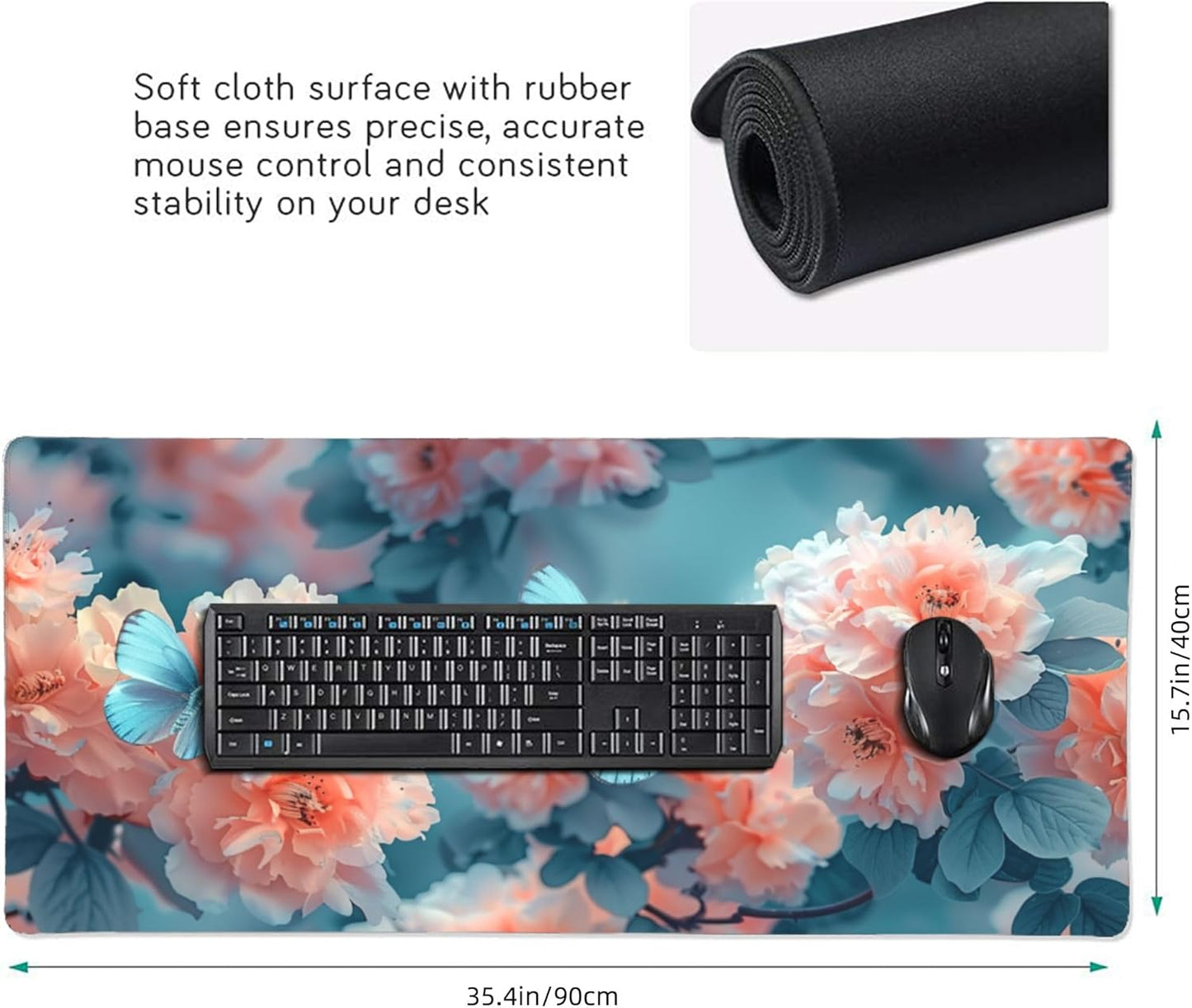 35.4 x 15.7 inches, Large Desktop Mouse pad, Keyboard and Mouse Pads for Work and Home Computers, and Large Laptop Mouse mat，Butterflies and Flowers