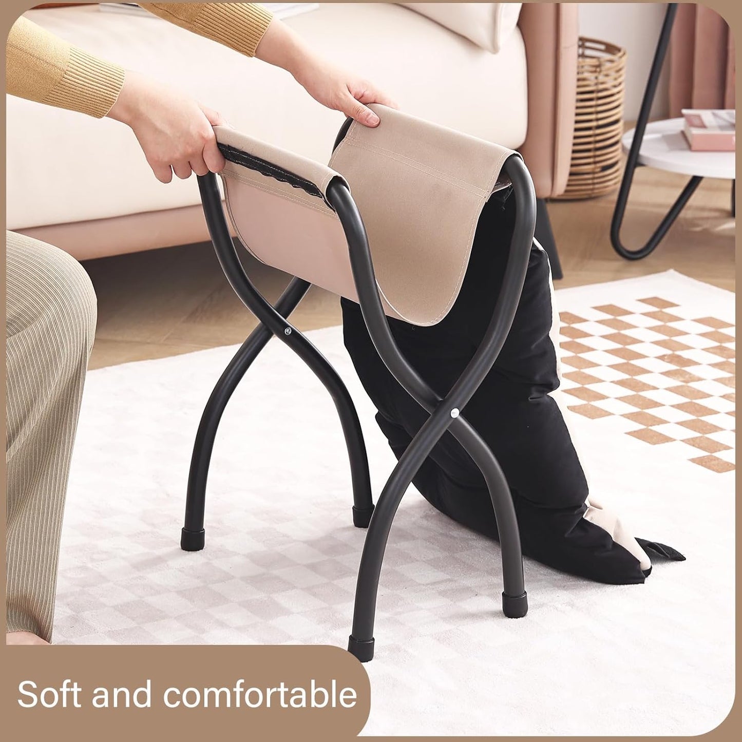 LITA Folding Upholstered Footrest Stool, Modern Small Portable Accent Ottoman with Detachable Thick Cotton Cushion Padded Sofa Stool with Metal Frame for Lazy Chair, Living Room & Bedroom, Black