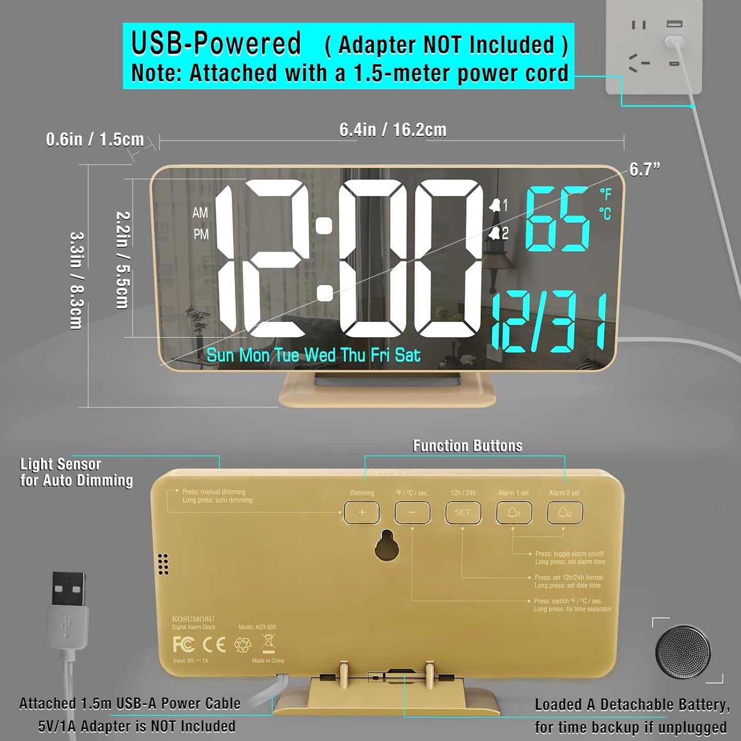 KOSUMOSU Dual Alarm Clock 6.7in Gold Desk Clock with Dimming, 12/24h, Seconds, Date, Day of Week, Temp, Digital LED Clock for Bedroom, Digital Calendar Clocks for Living Room Gold Desk Accessories