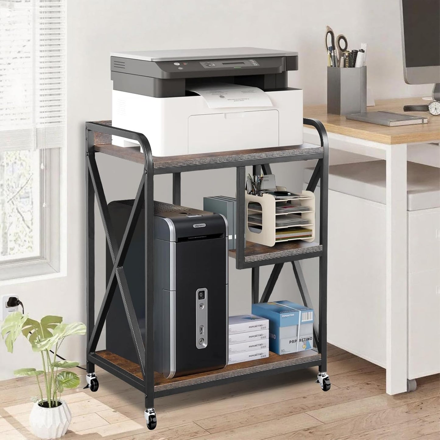 Large Printer Stand, X-shaped Printer Stand with Storage, 24"W x 17"D x 32"H, Mobile Printer Table with Wheels for Home Office, Rolling Cart for Computer Tower, Printer and Shredder, Bearing 300lbs