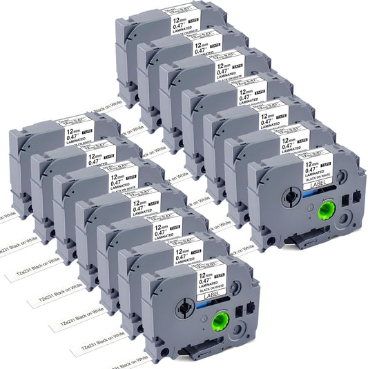 Rplacement for Brother Label Maker Tape Refill 12 mm 0.47 Laminated White TZe-231 Compatible with Brother P-Touch PT-H110 PT-D210 Label Maker Machine, Black on White, 1/2 Inch x 26.2 Feet, 14 Pack