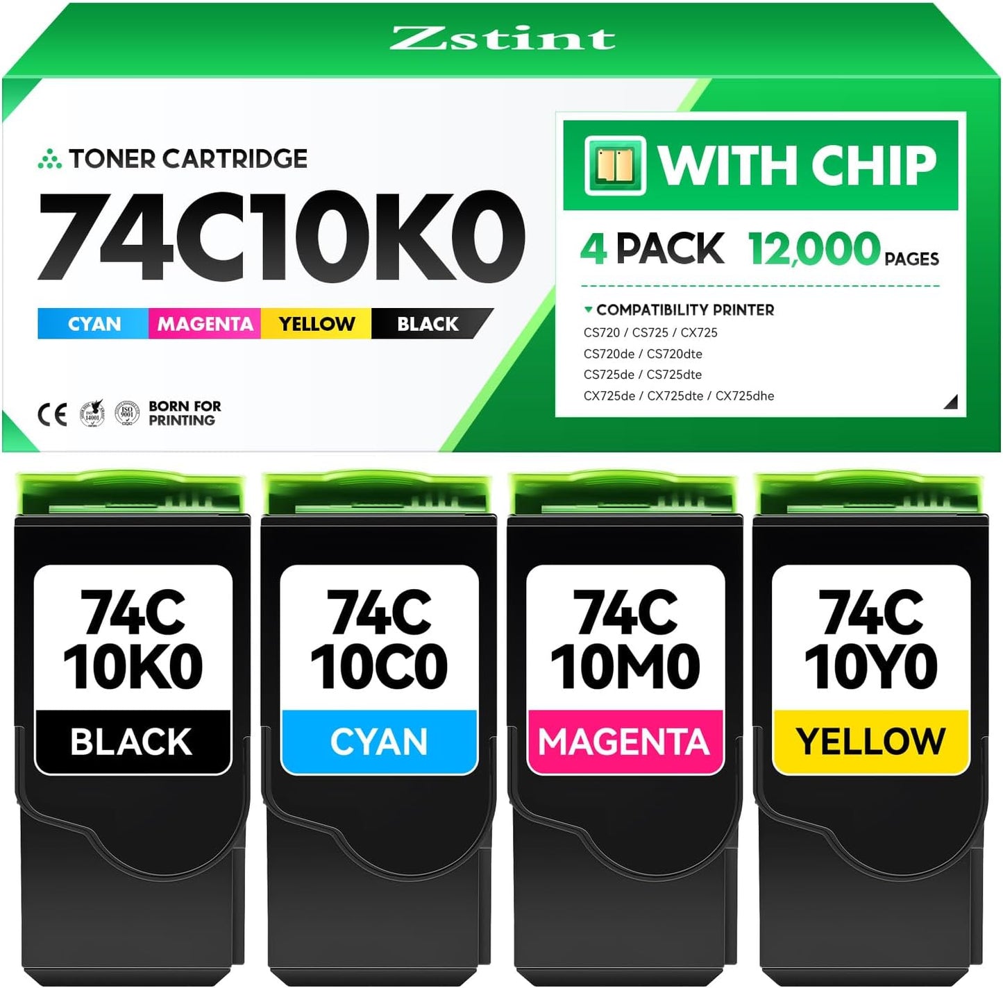 74C10K0 74C10C0 74C10M0 74C10Y0 Toner Cartridge Set 4-Pack High Yield With Chip Replacement Compatible for Lexmark CS720 CS725 CX725 CS720de CS720dte CS725de CS725dte CX725de CX725dte CX725dhe Printer