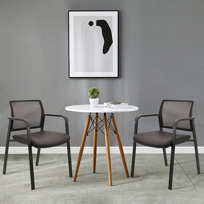 CLATINA Stackable Office Chair, Mesh Back Guest Chairs with Comfortable Leather Seat Arms Stacking Ergonomic Desk Chair No Wheels for Conference Waiting Reception School Side Stationary, Black